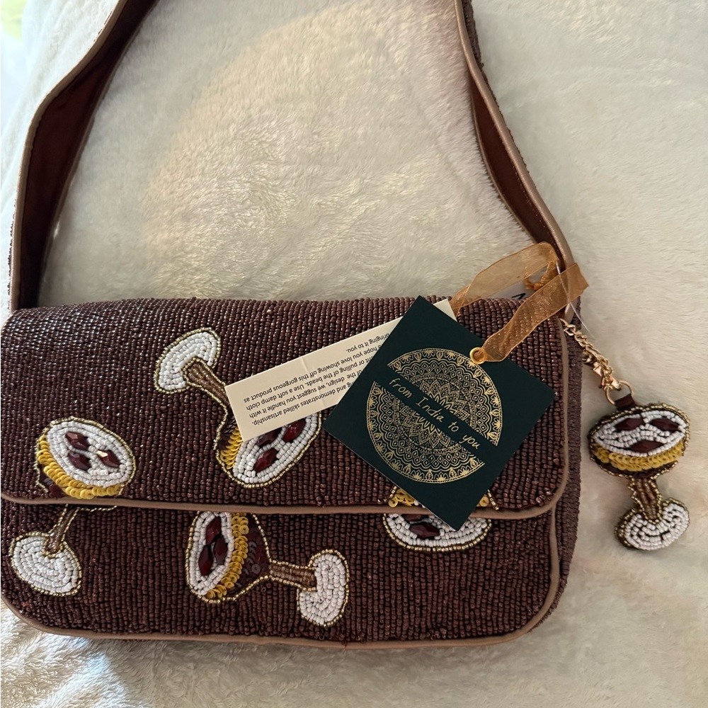 Chic Brown Beaded Shoulder Bag with Martini Accents